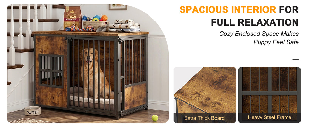 Wooden Dog Crate Furniture, Large Dog Kennel with Storage Top, Indoor 