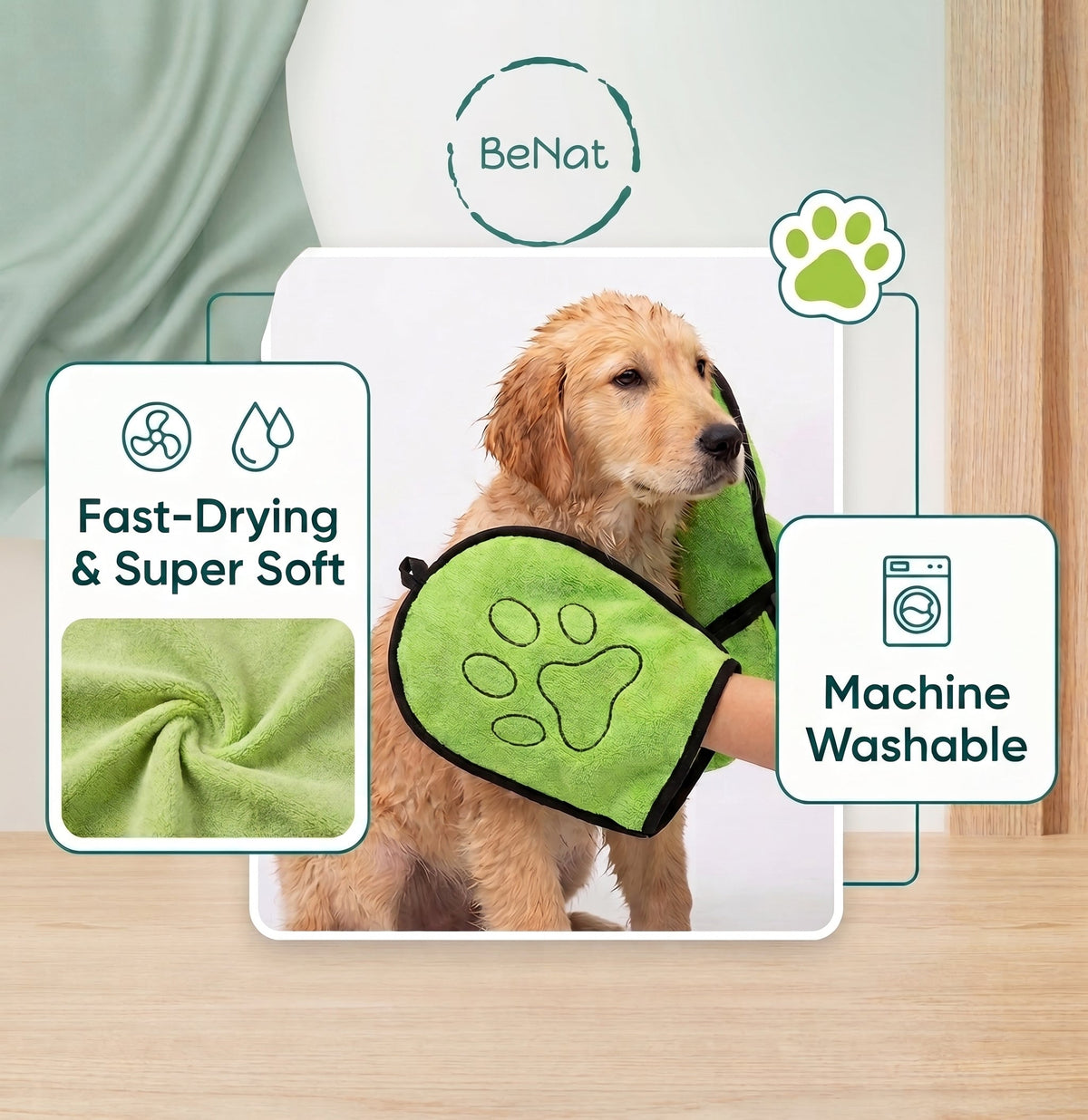 BeNat Microfiber Pet Drying Towel with Hand Pockets, 24 × 9 inches