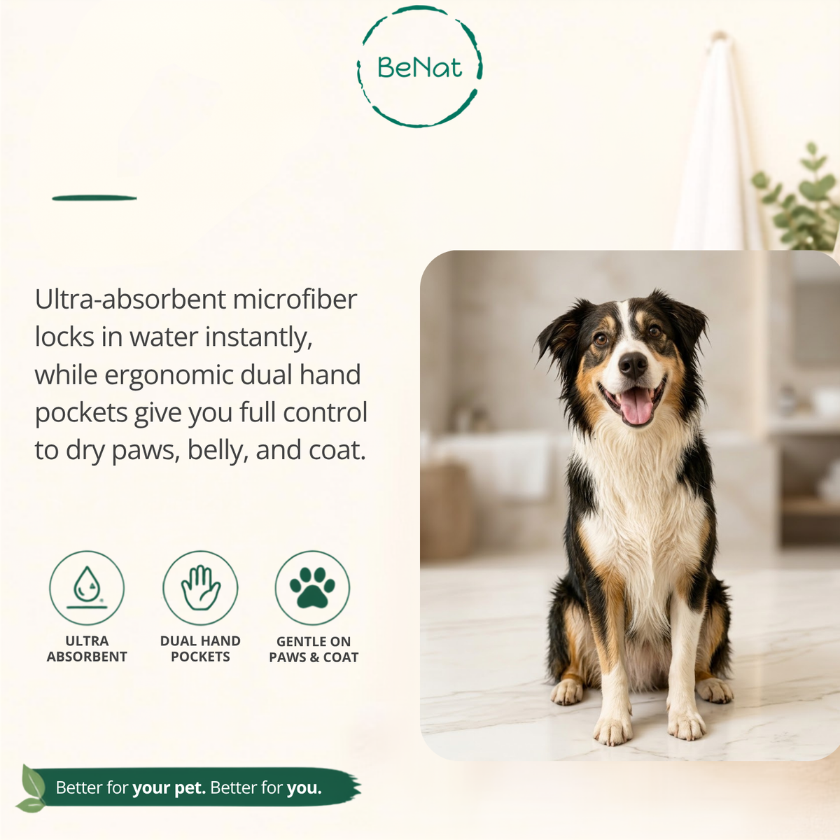 BeNat Microfiber Pet Drying Towel with Hand Pockets, 24 × 9 inches