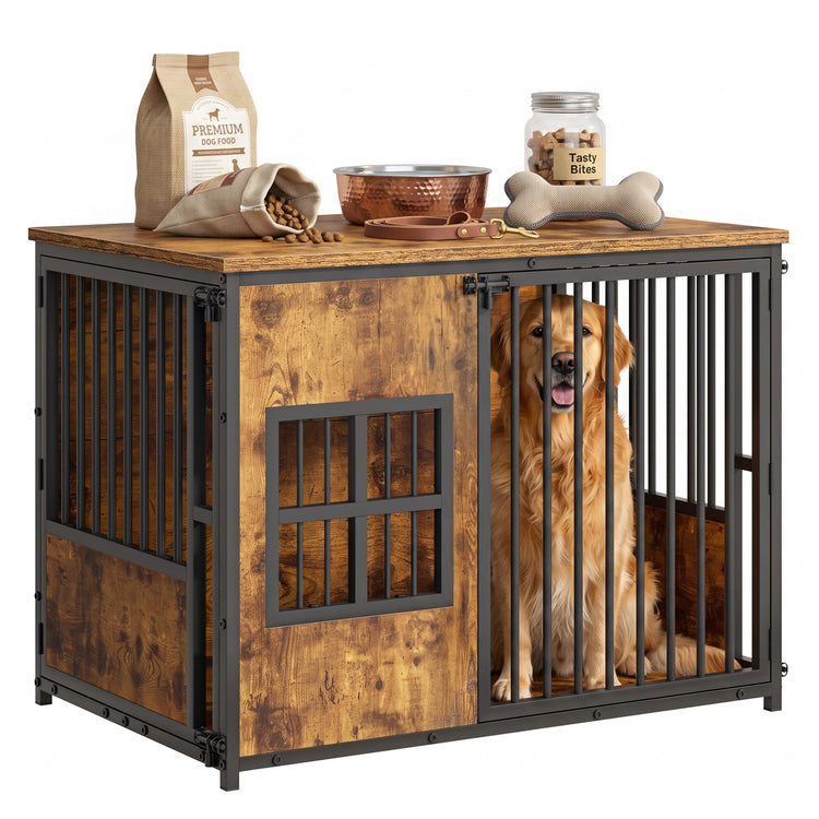 Wooden Dog Crate Furniture, Large Dog Kennel with Storage Top, Indoor 