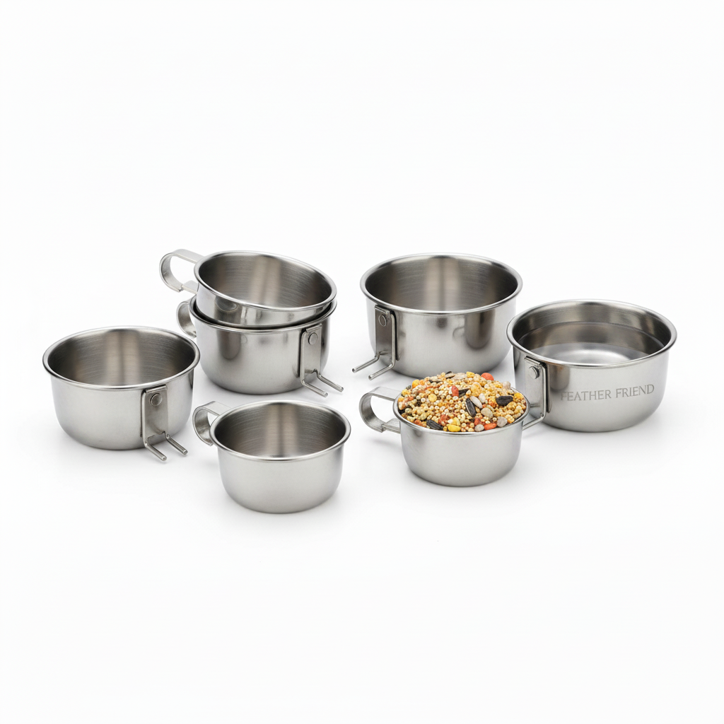 Stainless steel bird feeding cup set flat lay with birdseed and water