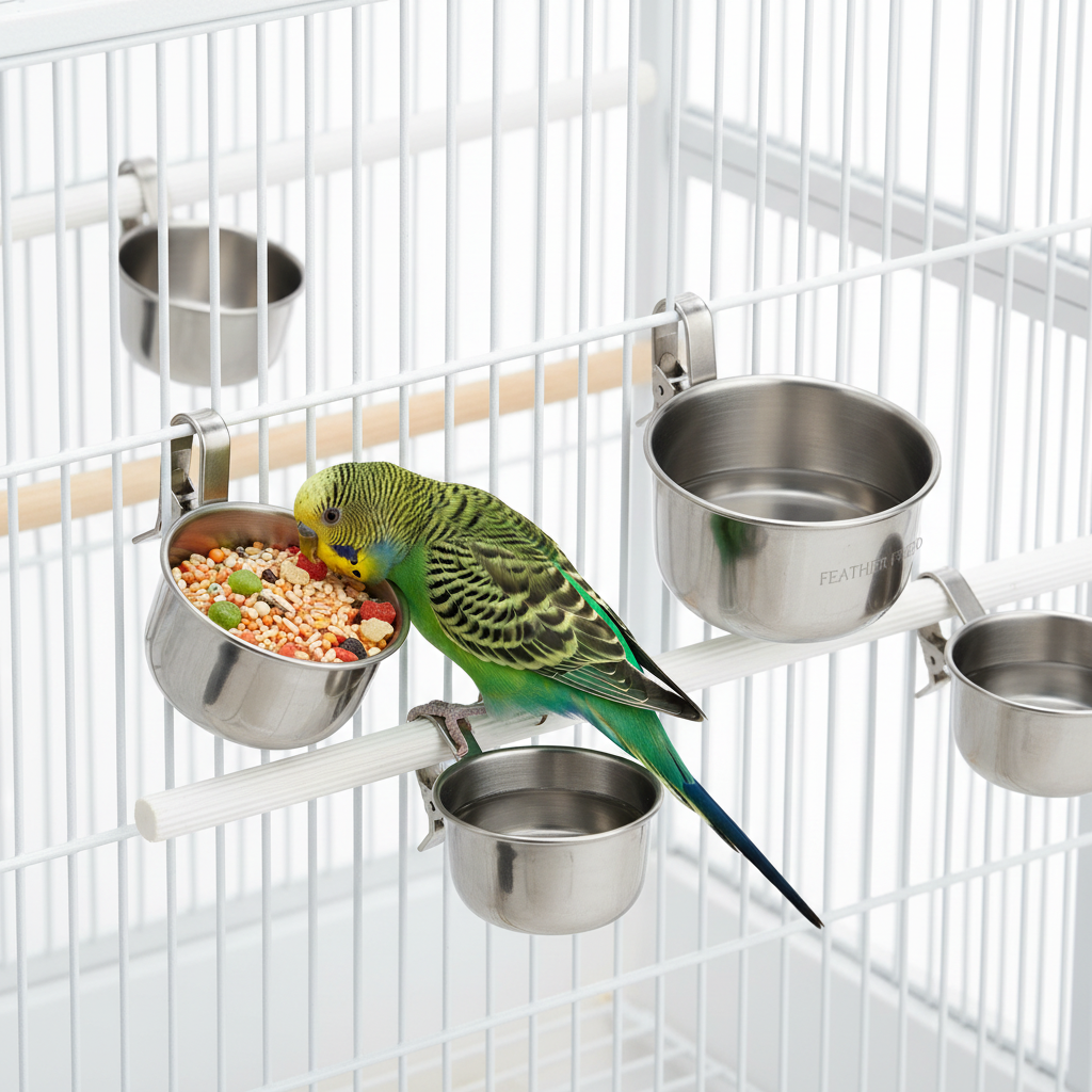 Stainless steel bird feeding cups clipped to cage bar with parakeet